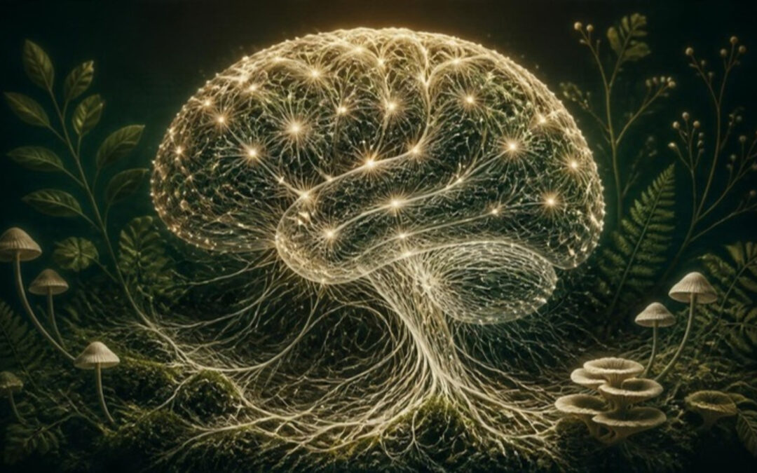 Glowing brain network with mushroom-like threads